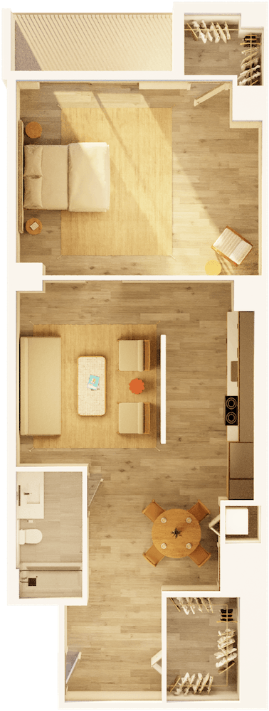 Floor plan for 1 bed, 1 bath, 1005 sqft